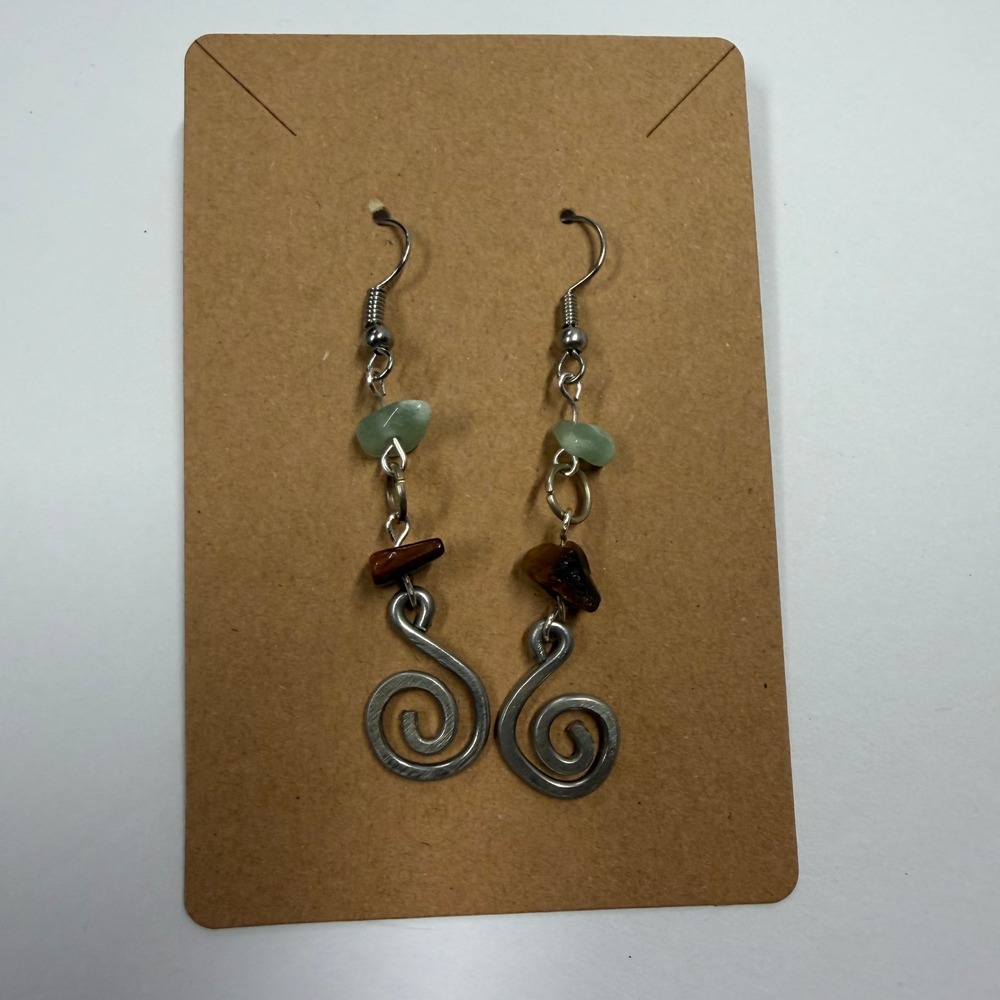 Handmade Silver Spiral Dangle Earrings Green Aventurine Brown Stone Boho Drop